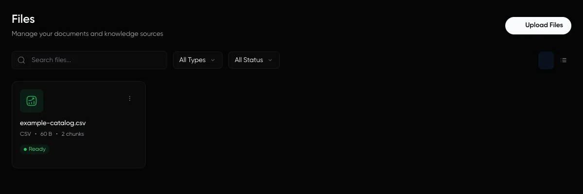 LoopReply Files in dark mode showing an example CSV with Ready status and the Upload Files control