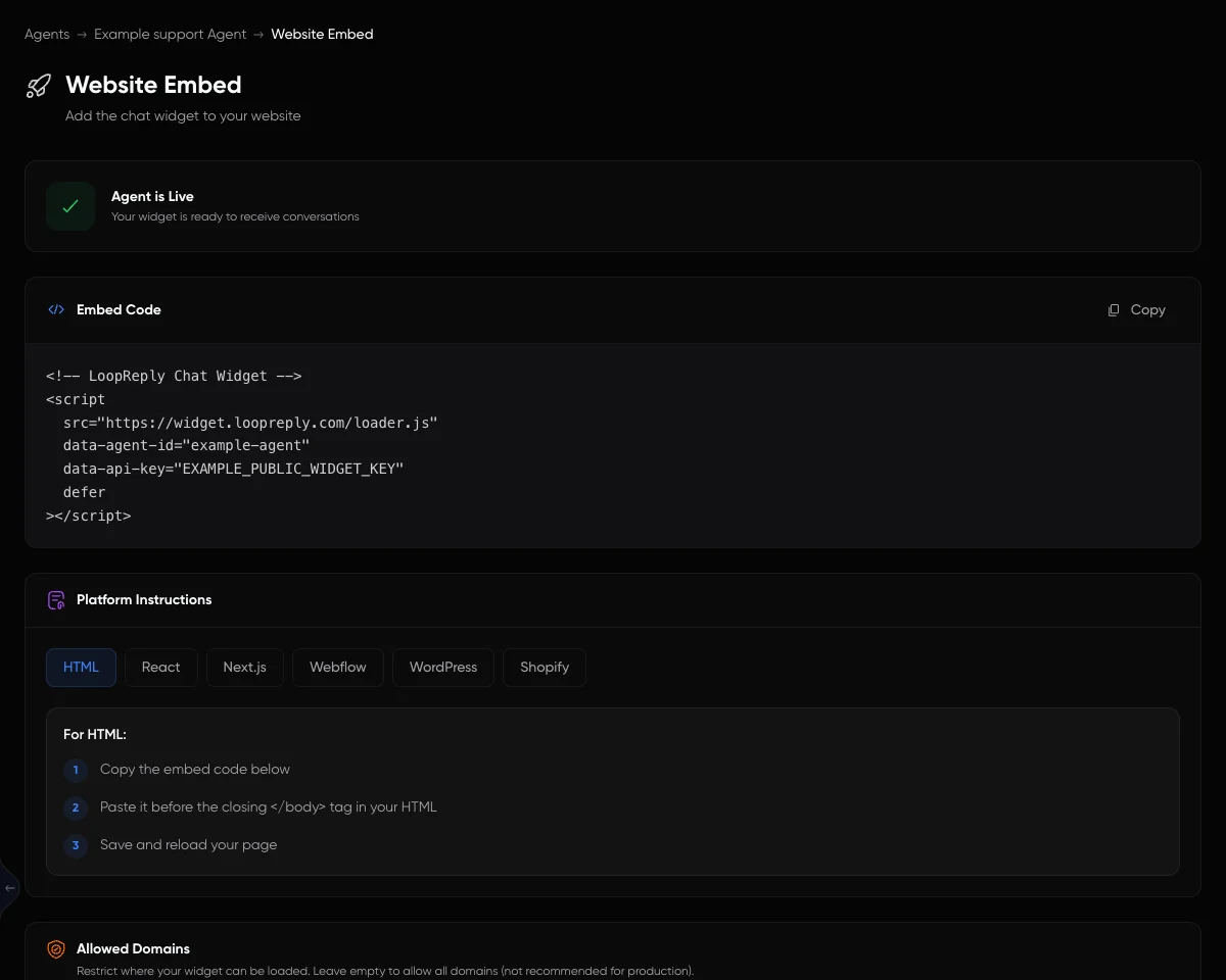 LoopReply Website Embed in dark mode showing the generated loader script with example Agent and public widget identifiers