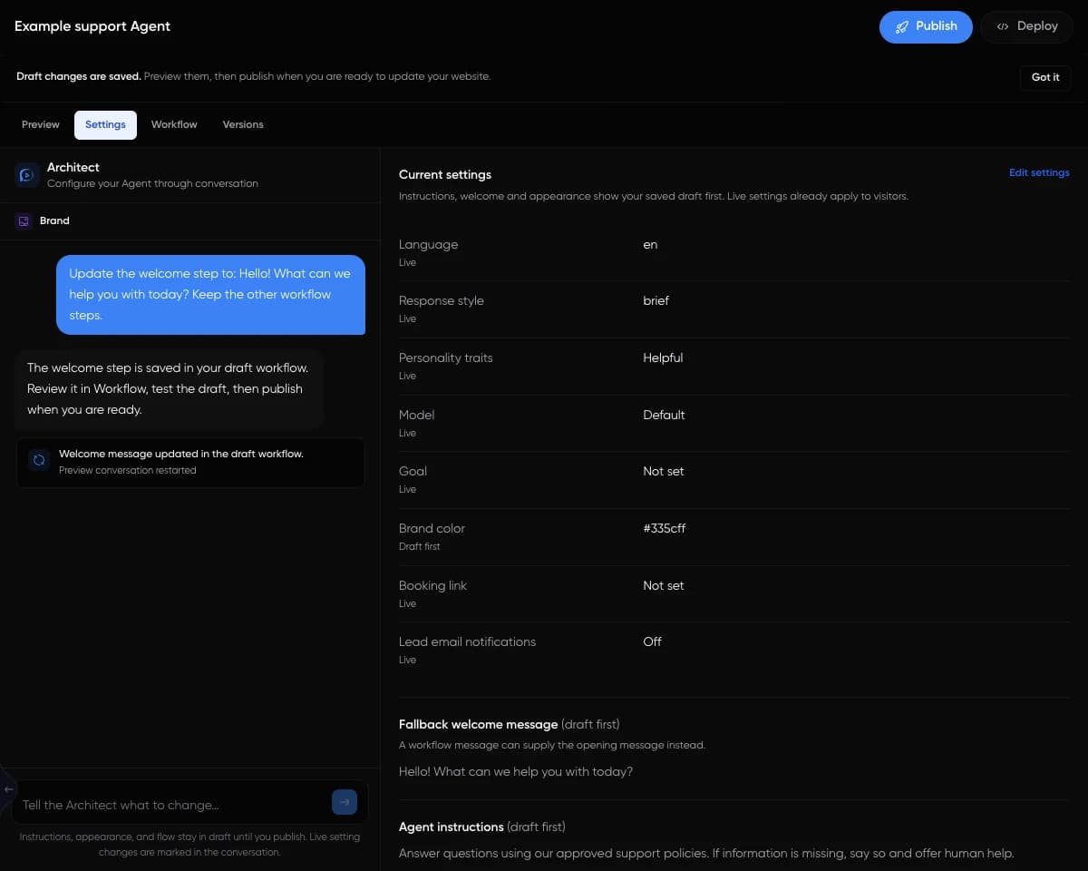 Architect Studio in dark mode, Settings showing Language and Response style as Live and Brand color as Draft first