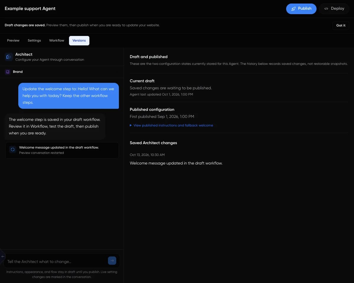 Architect Studio in dark mode, Versions showing Current draft, Published configuration, and Saved Architect changes